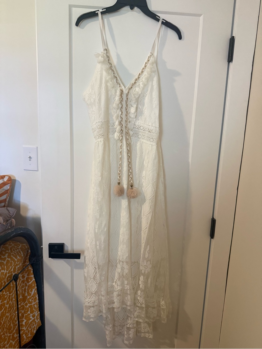 Lace Maxi Dress with Pom Tie in Ivory